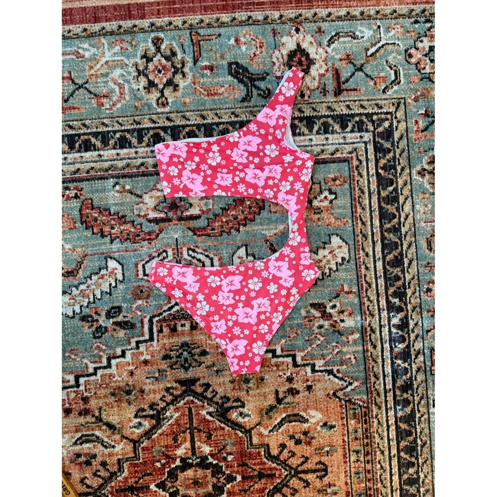 Frankies Bikinis Mila Red Pink Floral‎ One Shoulder Cut Out Swimsuit Womens M